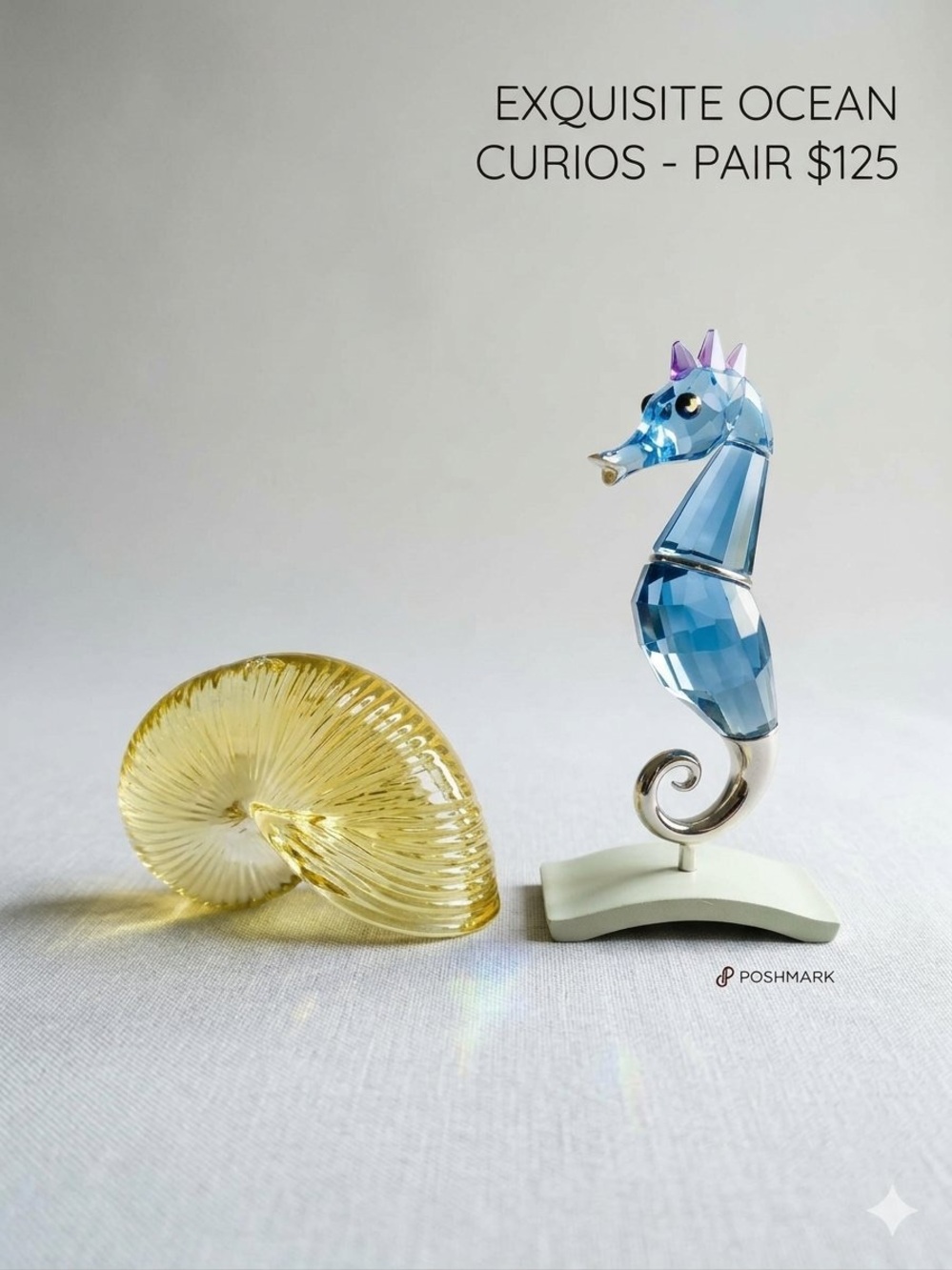 Vintage Glass Ocean Figurine Pair - Crystal Seahorse & Amber Nautilus Shell